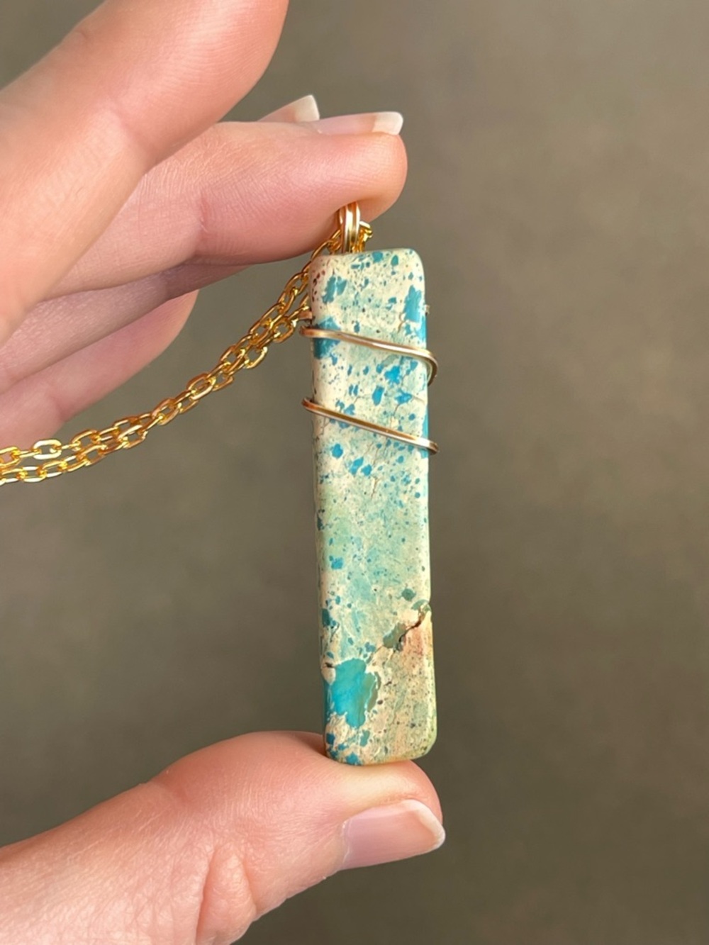 Blue Painted Rectangular Stone Pendant Necklace with Gold Wire Wrap